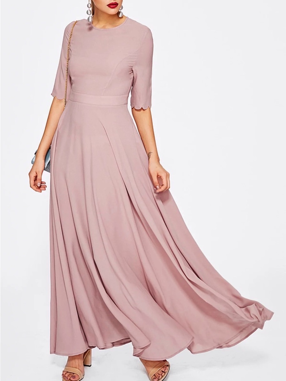Shein Blush Pink Scallop Sleeve Maxi Dress Size Small